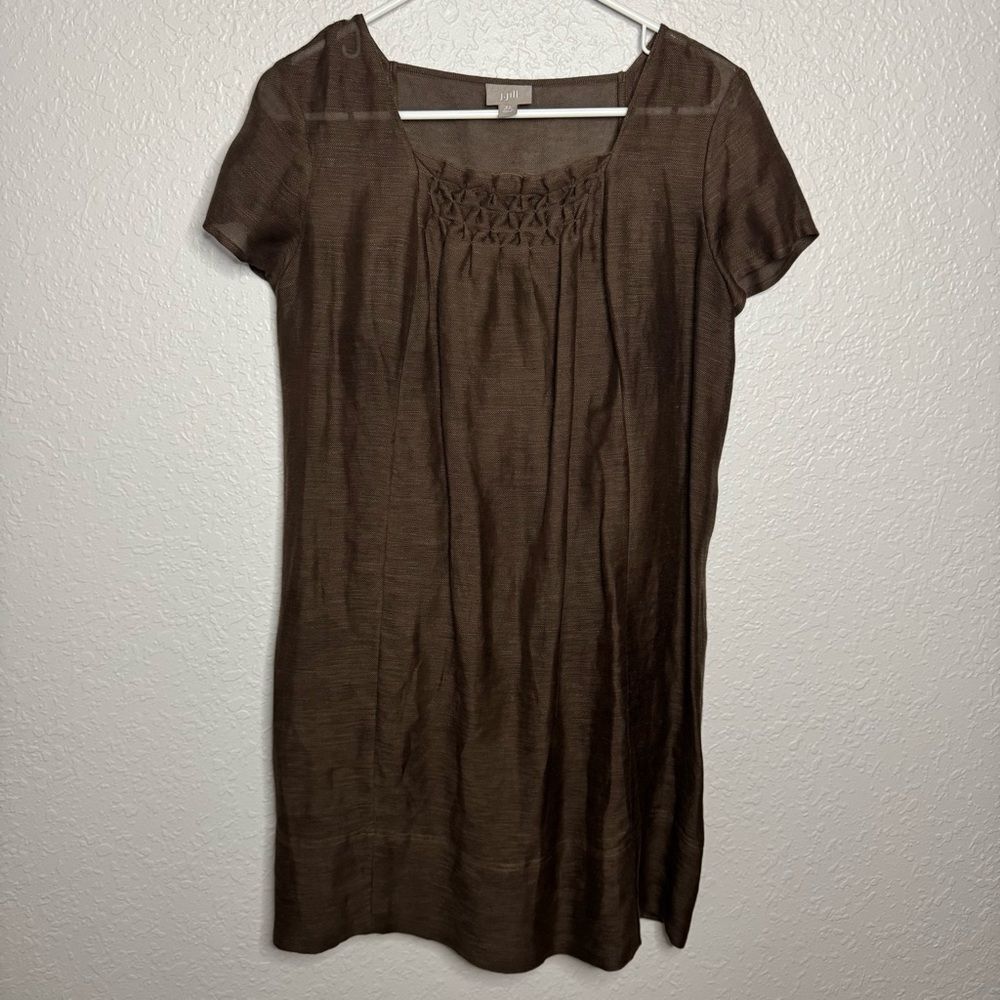 J Jill Scoop Neck Short Sleeve Slip Dress Brown Linen Silk Lined Size XS Petite